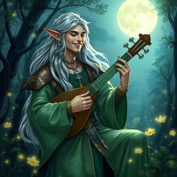 A charismatic male elf bard playing a lute under the moonlight in a lush forest