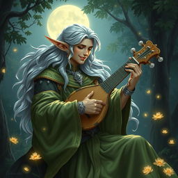 A charismatic male elf bard playing a lute under the moonlight in a lush forest