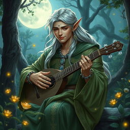 A charismatic male elf bard playing a lute under the moonlight in a lush forest