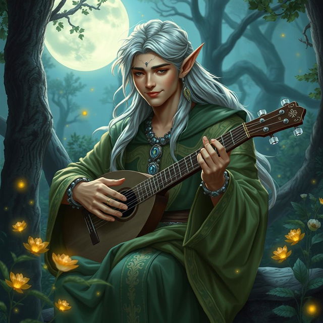 A charismatic male elf bard playing a lute under the moonlight in a lush forest