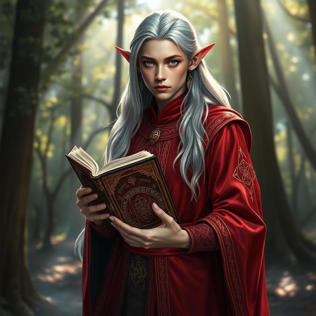 A high elf wearing an elegant red garment, holding a mysterious ancient book adorned with intricate symbols