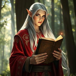 A high elf wearing an elegant red garment, holding a mysterious ancient book adorned with intricate symbols