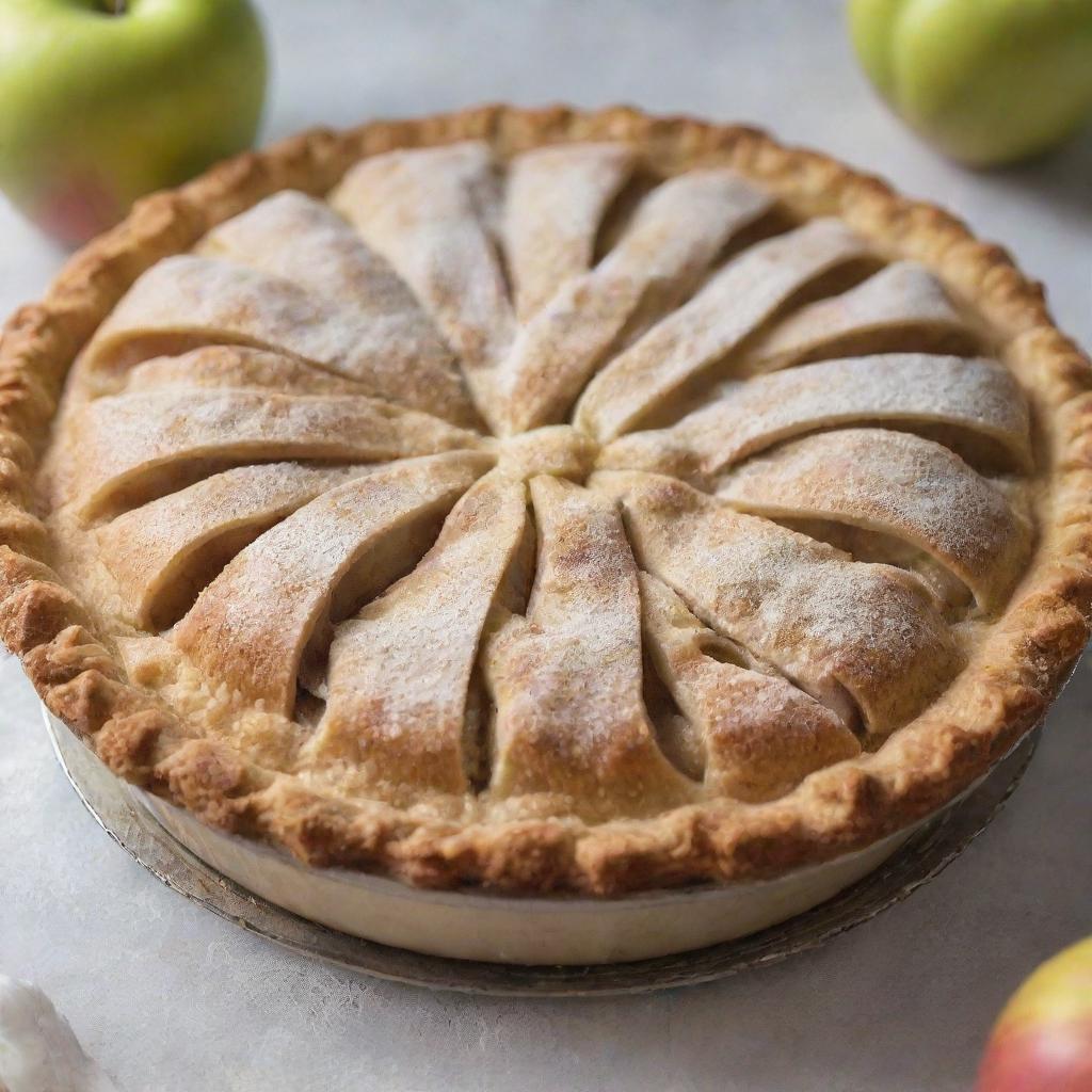 A crusty golden brown apple pie fresh out of the oven, with steam escaping from the tiny crust slits revealing the juicy apple filling inside. A bit of powdered sugar sprinkled on top for a sweet touch.