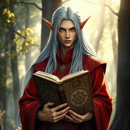 A high elf wearing an elegant red garment, holding a mysterious ancient book adorned with intricate symbols