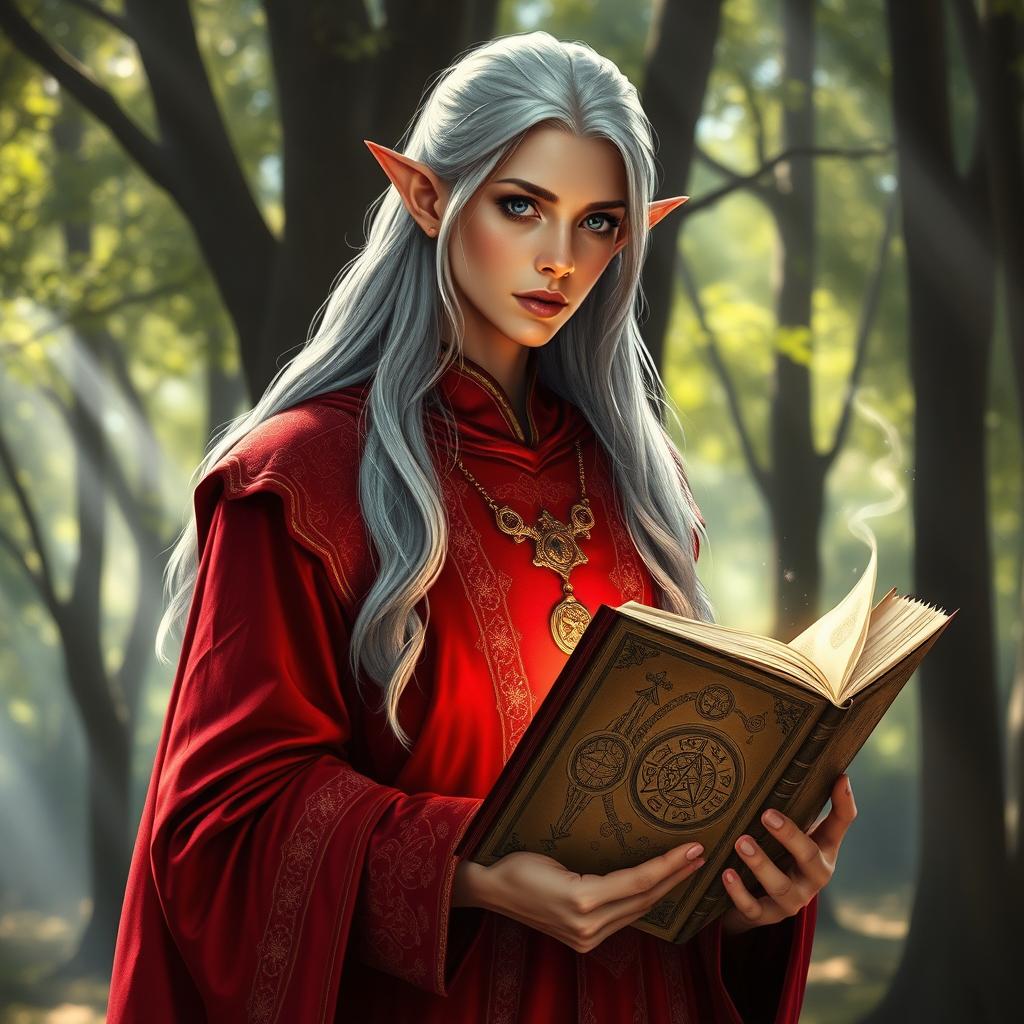 A high elf wearing an elegant red garment, holding a mysterious ancient book adorned with intricate symbols