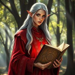 A high elf wearing an elegant red garment, holding a mysterious ancient book adorned with intricate symbols