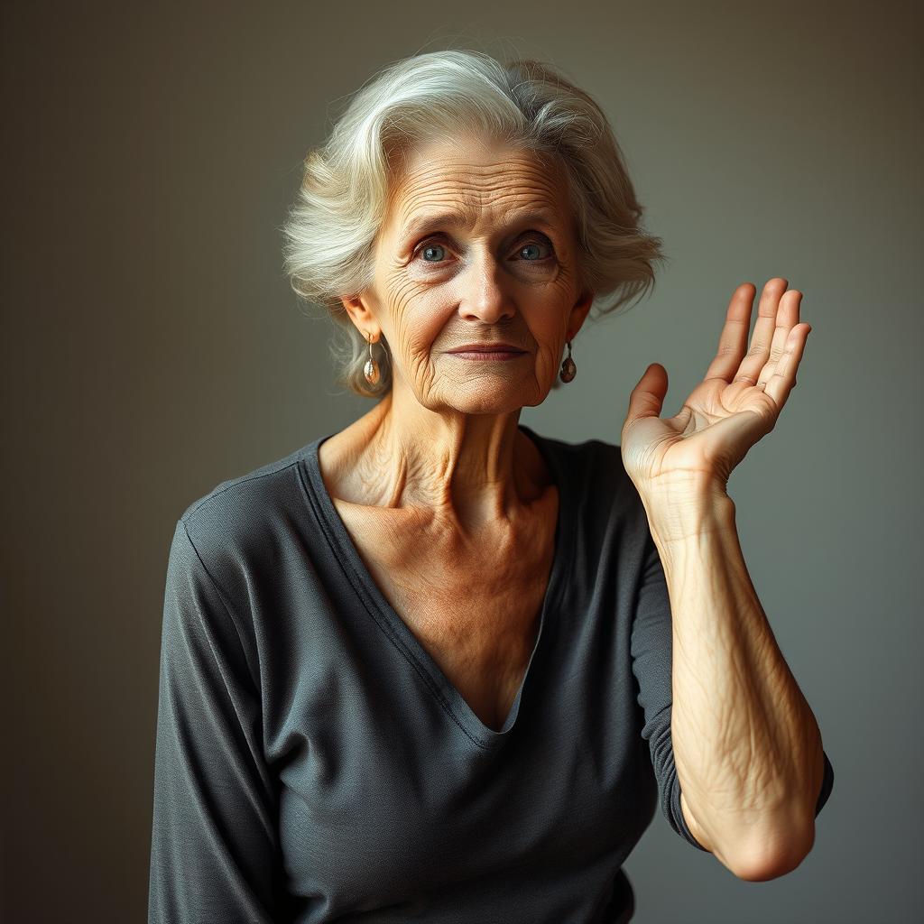 An elderly blonde woman depicted in an open pose, showcasing her natural beauty and grace through the lens of time