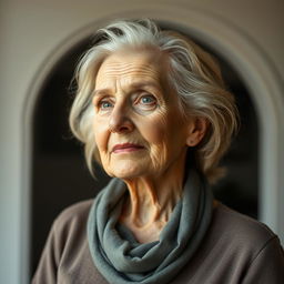 An elderly blonde woman depicted in an open pose, showcasing her natural beauty and grace through the lens of time