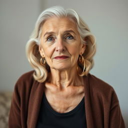 An elderly blonde woman depicted in an open pose, showcasing her natural beauty and grace through the lens of time