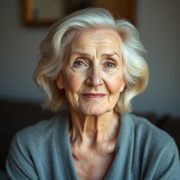 An elderly blonde woman depicted in an open pose, showcasing her natural beauty and grace through the lens of time