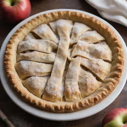 A crusty golden brown apple pie fresh out of the oven, with steam escaping from the tiny crust slits revealing the juicy apple filling inside. A bit of powdered sugar sprinkled on top for a sweet touch.