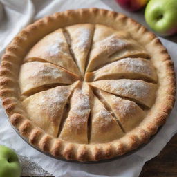 A crusty golden brown apple pie fresh out of the oven, with steam escaping from the tiny crust slits revealing the juicy apple filling inside. A bit of powdered sugar sprinkled on top for a sweet touch.