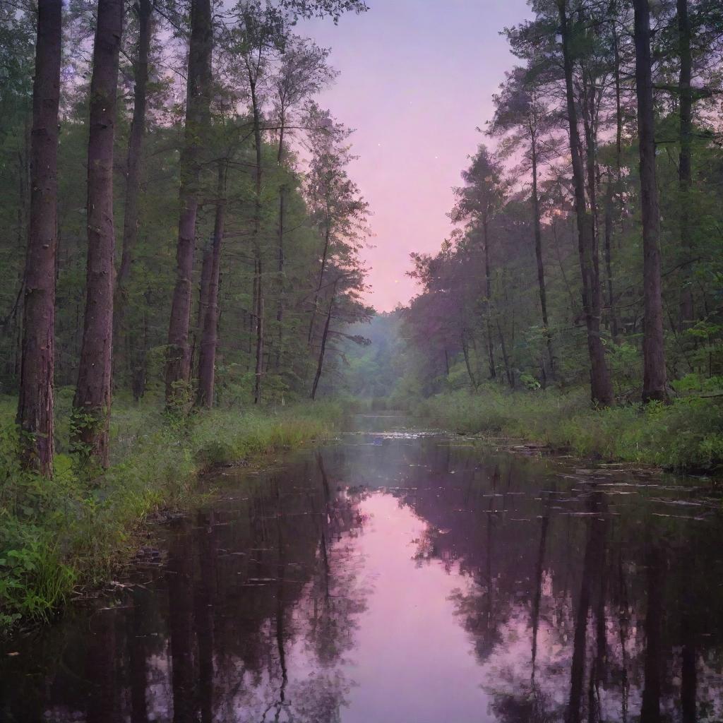 A serene landscape of a forest at twilight, with shades of pink and purple in the sky and luminescent fireflies glowing all around. A calm river reflects the last light of the setting sun.