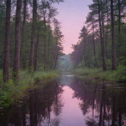 A serene landscape of a forest at twilight, with shades of pink and purple in the sky and luminescent fireflies glowing all around. A calm river reflects the last light of the setting sun.