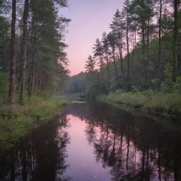 A serene landscape of a forest at twilight, with shades of pink and purple in the sky and luminescent fireflies glowing all around. A calm river reflects the last light of the setting sun.