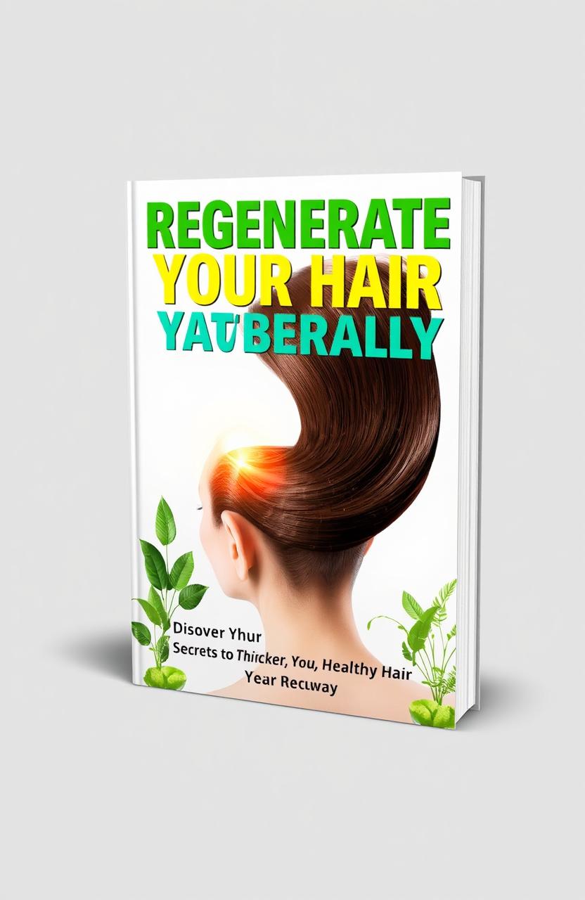 A 3D book cover design for a guide titled 'Regenerate Your Hair Naturally', exuding a modern and clean aesthetic