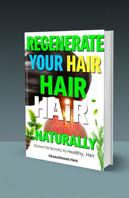 A 3D book cover design for a guide titled 'Regenerate Your Hair Naturally', exuding a modern and clean aesthetic