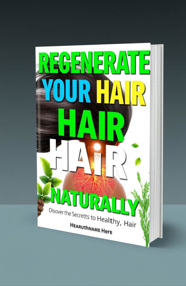 A 3D book cover design for a guide titled 'Regenerate Your Hair Naturally', exuding a modern and clean aesthetic