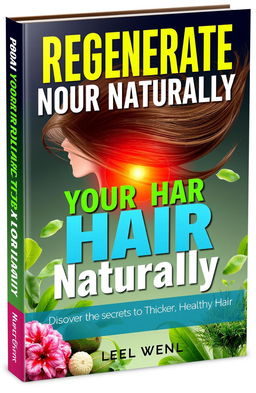 A 3D book cover design for a guide titled 'Regenerate Your Hair Naturally', exuding a modern and clean aesthetic