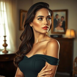 A serene and tasteful artistic representation of a confidently poised woman, with hair cascading down her shoulders, depicted with elegance and grace