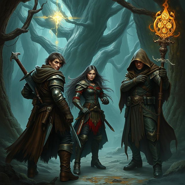 A group of three adventurers in a dense, mystical forest setting, draped in elaborate leather armor and cloaks, wielding intricate weapons