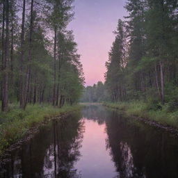 A serene landscape of a forest at twilight, with shades of pink and purple in the sky and luminescent fireflies glowing all around. A calm river reflects the last light of the setting sun.