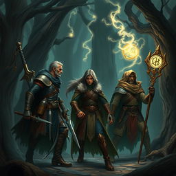 A group of three adventurers in a dense, mystical forest setting, draped in elaborate leather armor and cloaks, wielding intricate weapons