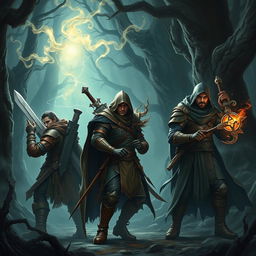 A group of three adventurers in a dense, mystical forest setting, draped in elaborate leather armor and cloaks, wielding intricate weapons