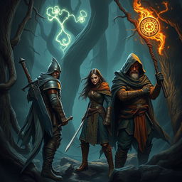 A group of three adventurers in a dense, mystical forest setting, draped in elaborate leather armor and cloaks, wielding intricate weapons