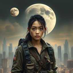 A stunning high-quality book cover focusing on a resilient and beautiful young female protagonist of mixed Chinese and American descent