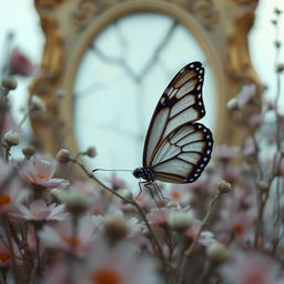 A sprawling image titled 'Desvaneio' by Yasmin Fantinne, featuring a wounded butterfly amidst the foreground