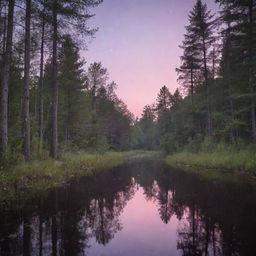 A serene landscape of a forest at twilight, with shades of pink and purple in the sky and luminescent fireflies glowing all around. A calm river reflects the last light of the setting sun.