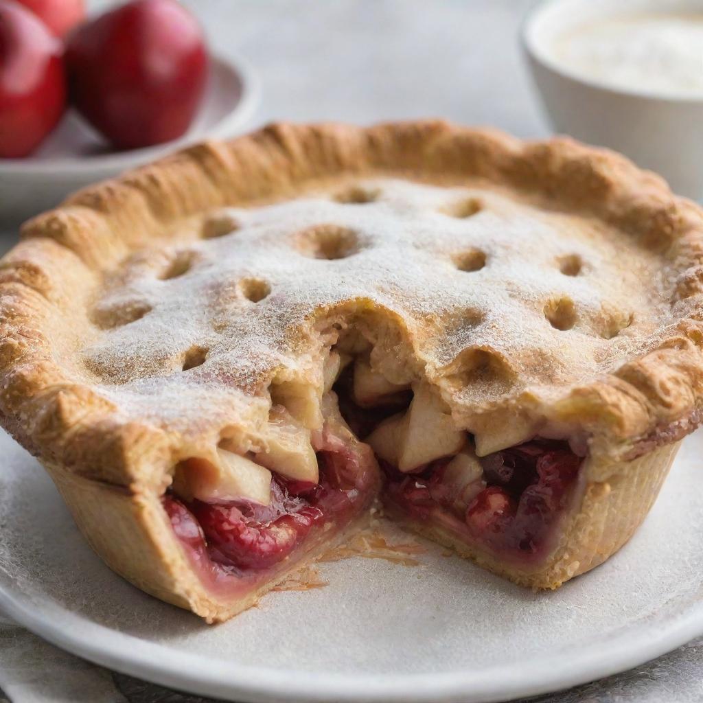 A crusty golden brown apple pie fresh out of the oven, a plump red cherry sitting on its top. Steam escaping from the crust revealing juicy apple filling inside, with a dusting of powdered sugar.