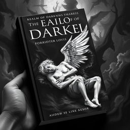 A black and white book cover depicting Icarus fallen in Aiden's lap, both with expressions of pain and resignation