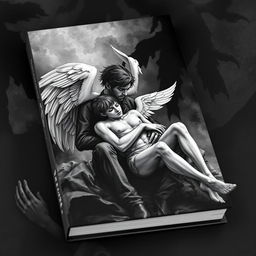 A black and white book cover depicting Icarus fallen in Aiden's lap, both with expressions of pain and resignation