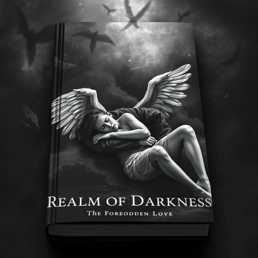 A black and white book cover depicting Icarus fallen in Aiden's lap, both with expressions of pain and resignation