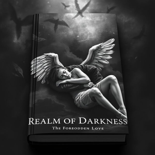 A black and white book cover depicting Icarus fallen in Aiden's lap, both with expressions of pain and resignation