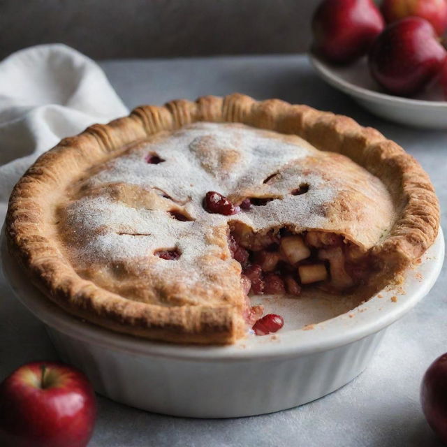 A crusty golden brown apple pie fresh out of the oven, a plump red cherry sitting on its top. Steam escaping from the crust revealing juicy apple filling inside, with a dusting of powdered sugar.