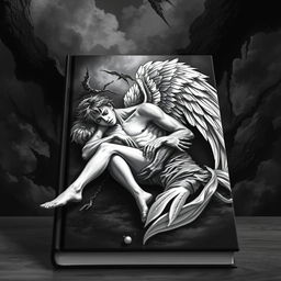 A black and white book cover depicting Icarus fallen in Aiden's lap, both with expressions of pain and resignation