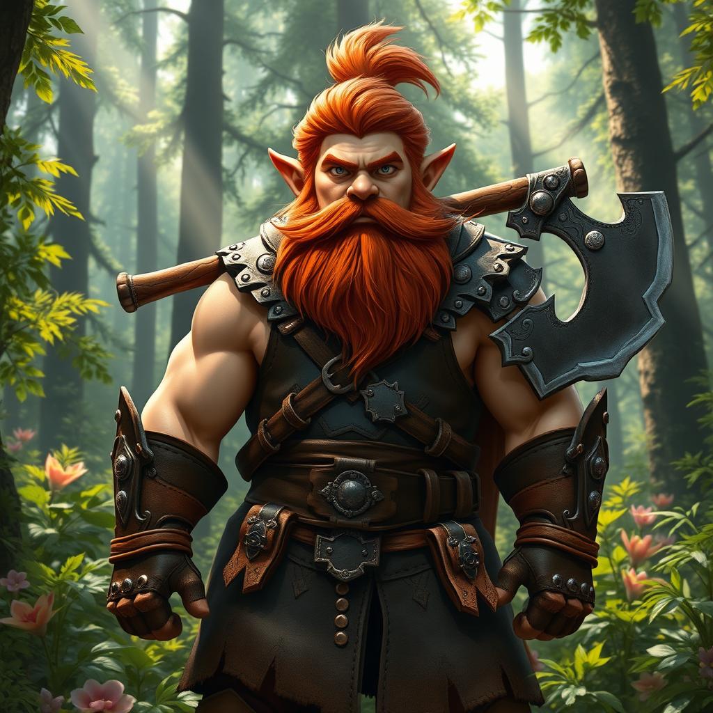 A brave male gnome fighter standing defiantly in the midst of a lush forest