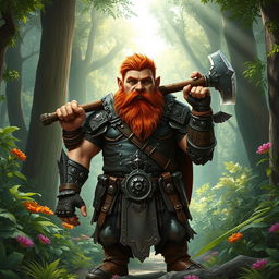 A brave male gnome fighter standing defiantly in the midst of a lush forest