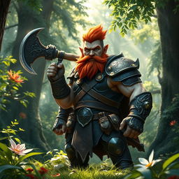 A brave male gnome fighter standing defiantly in the midst of a lush forest