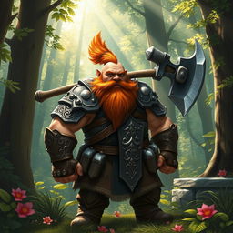 A brave male gnome fighter standing defiantly in the midst of a lush forest