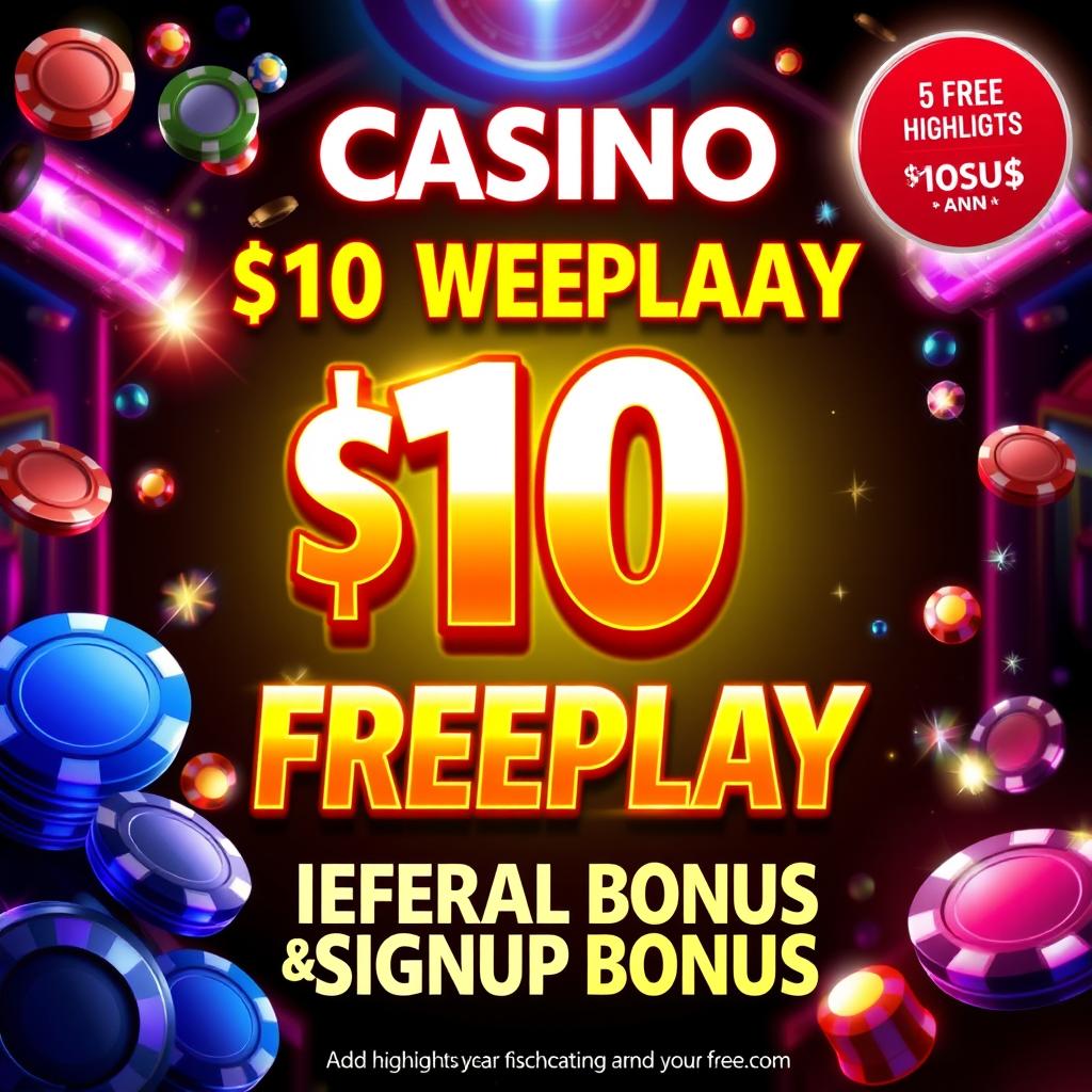 A captivating casino poster designed to attract attention, featuring a prominent $10 Freeplay offer