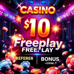 A captivating casino poster designed to attract attention, featuring a prominent $10 Freeplay offer