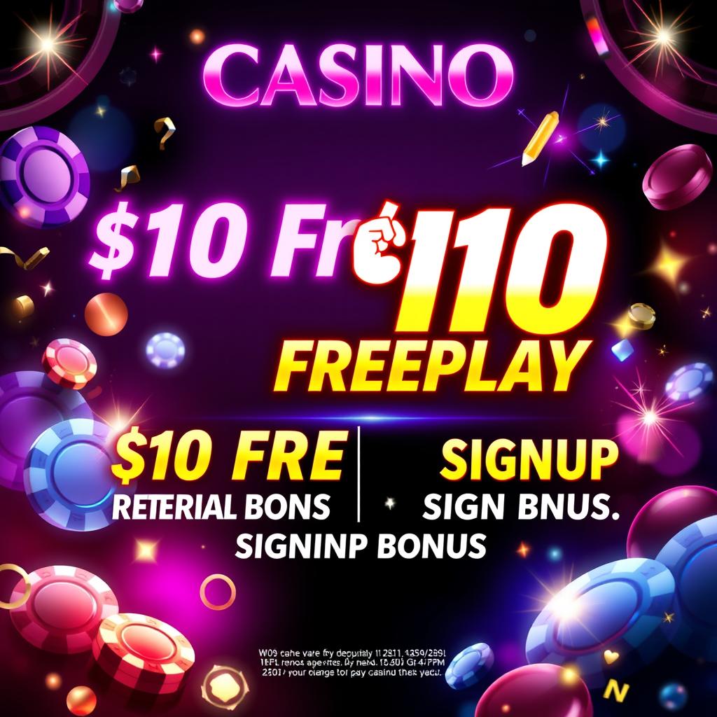 A captivating casino poster designed to attract attention, featuring a prominent $10 Freeplay offer