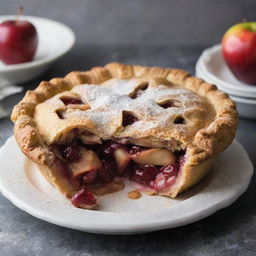 A crusty golden brown apple pie fresh out of the oven, a plump red cherry sitting on its top. Steam escaping from the crust revealing juicy apple filling inside, with a dusting of powdered sugar.