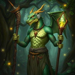 A majestic male dragonborn druid standing in a mystical forest, with scales shimmering in shades of emerald and gold