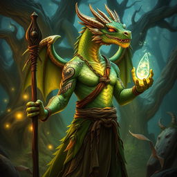 A majestic male dragonborn druid standing in a mystical forest, with scales shimmering in shades of emerald and gold