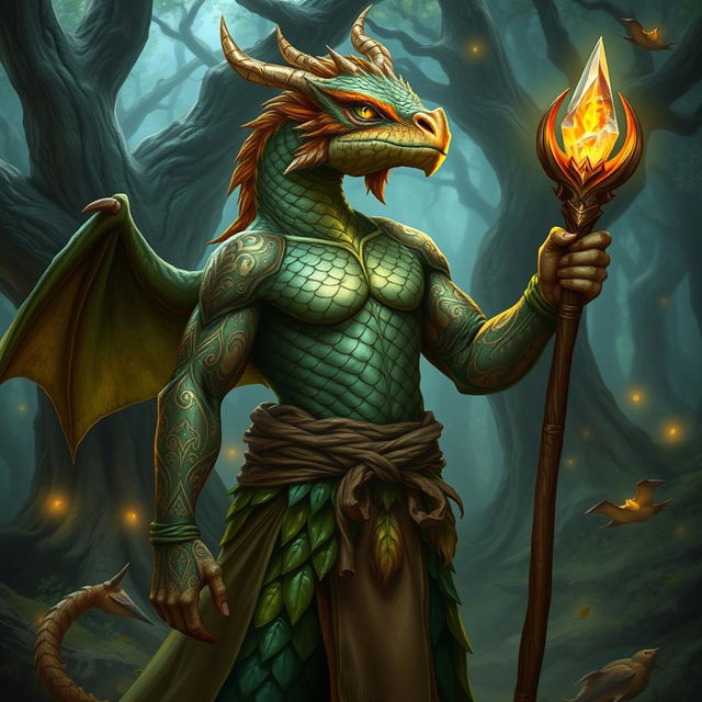 A majestic male dragonborn druid standing in a mystical forest, with scales shimmering in shades of emerald and gold